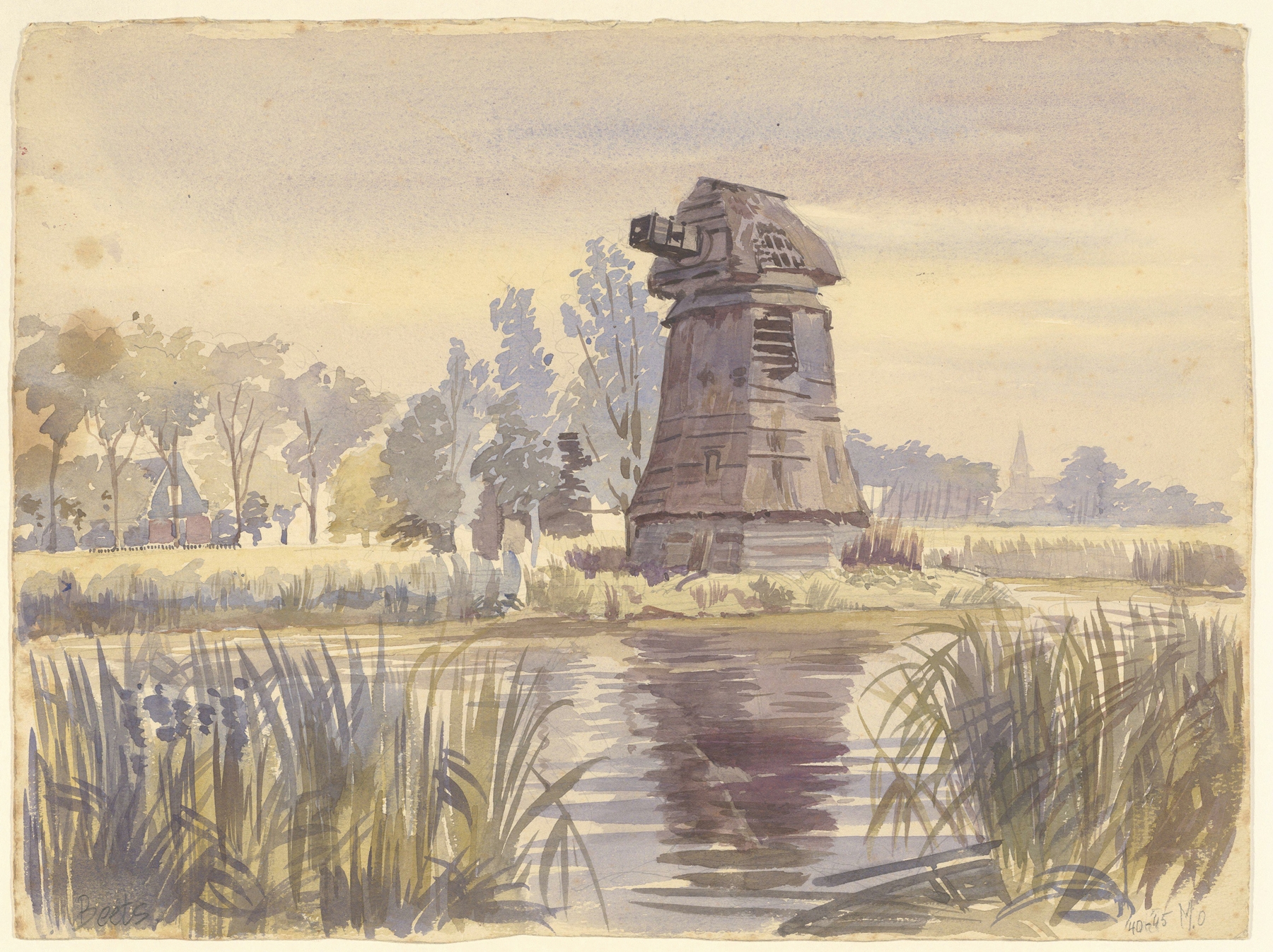 Gezicht op een ontakelde oude molen met op de achtergrond de kerktoren van Beets., by Maarten Oortwijn, public domain