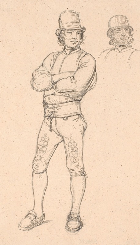A portrait of a standing Dalkarl with arms crossed by Wilhelm Marstrand.