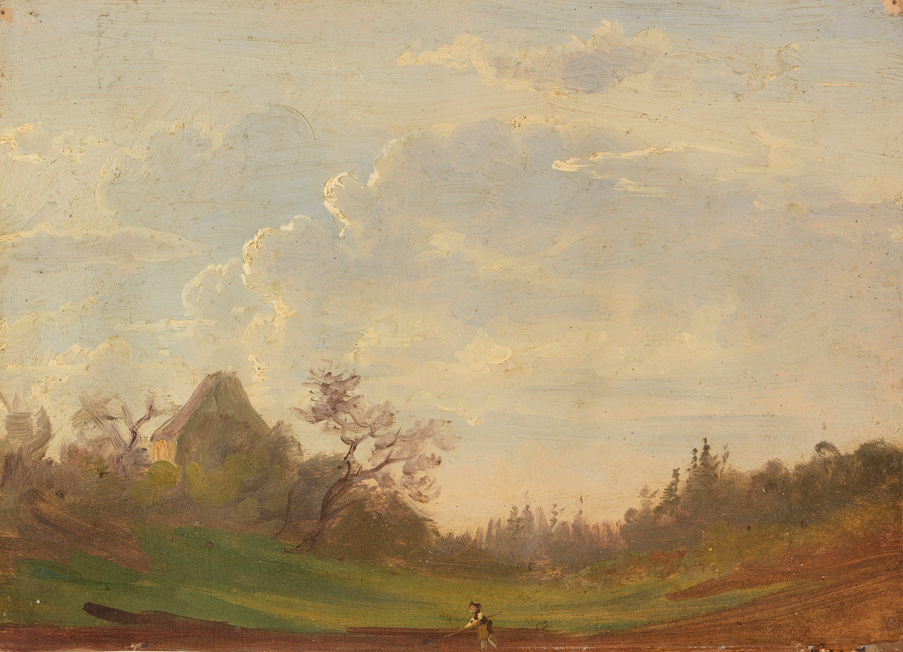 Landscape study with a farmer plowing the land, oil painting by Gustav Friedrich Papperitz