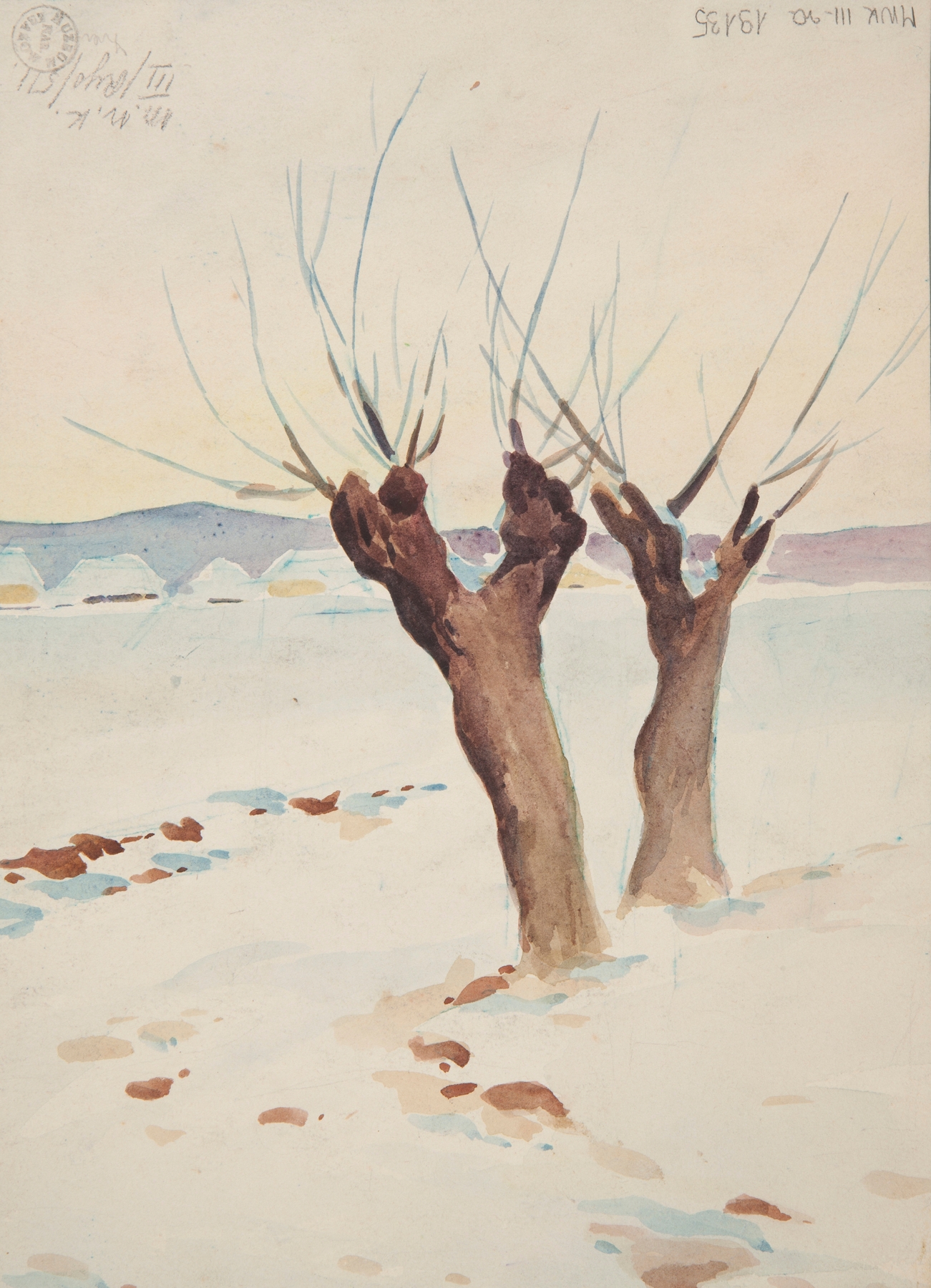 Oil painting by Ivan Ivanec depicting willows by a tranquil pond