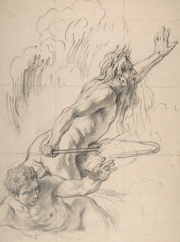 A painting depicting a river god and another male figure in a lush, natural setting.