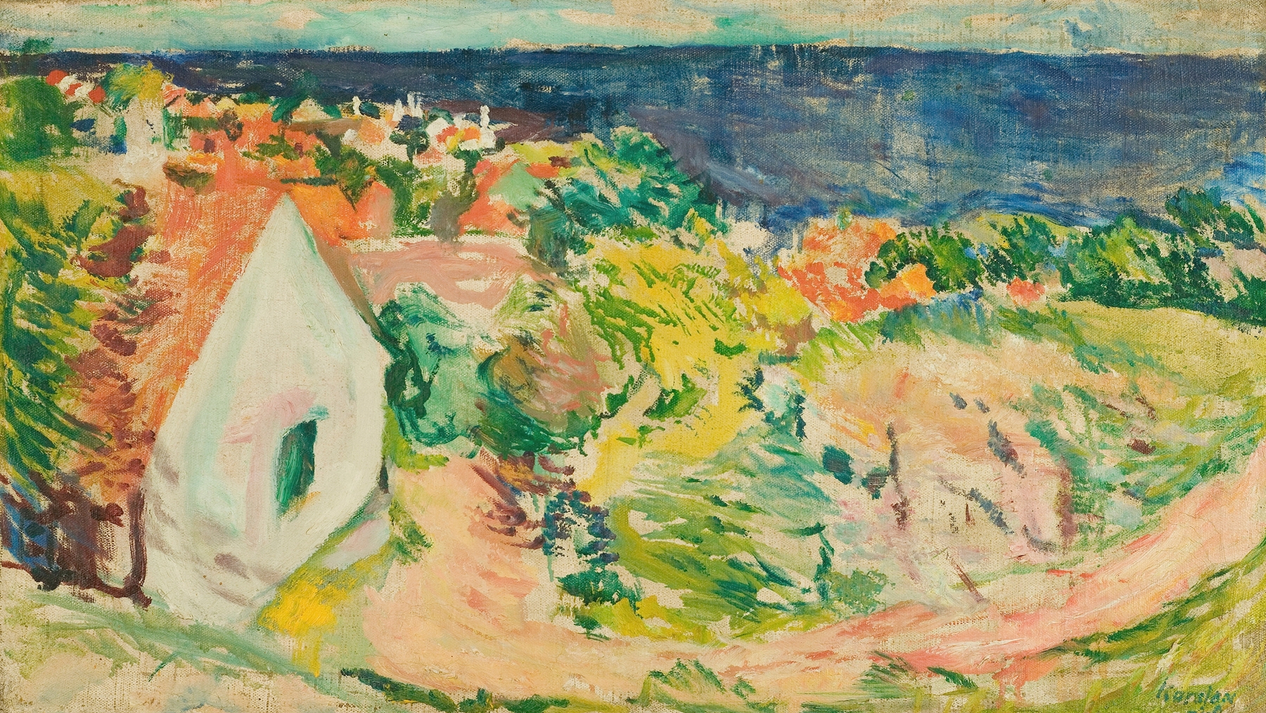 Post-Impressionism landscape by Ludvig Karsten, featuring trees and a colorful horizon.