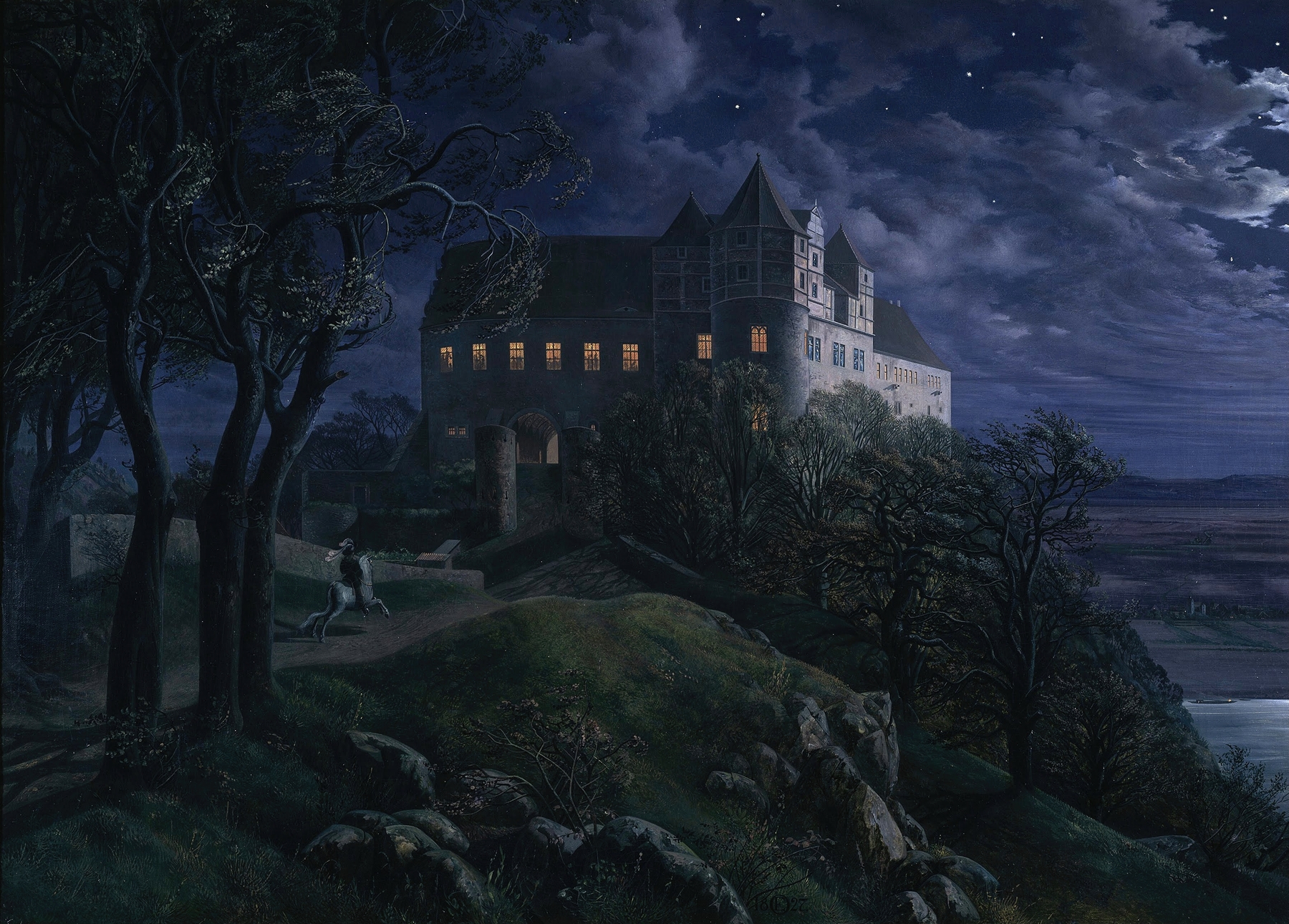 Burg Scharfenberg at Night, oil painting by Ernst Ferdinand Oehme