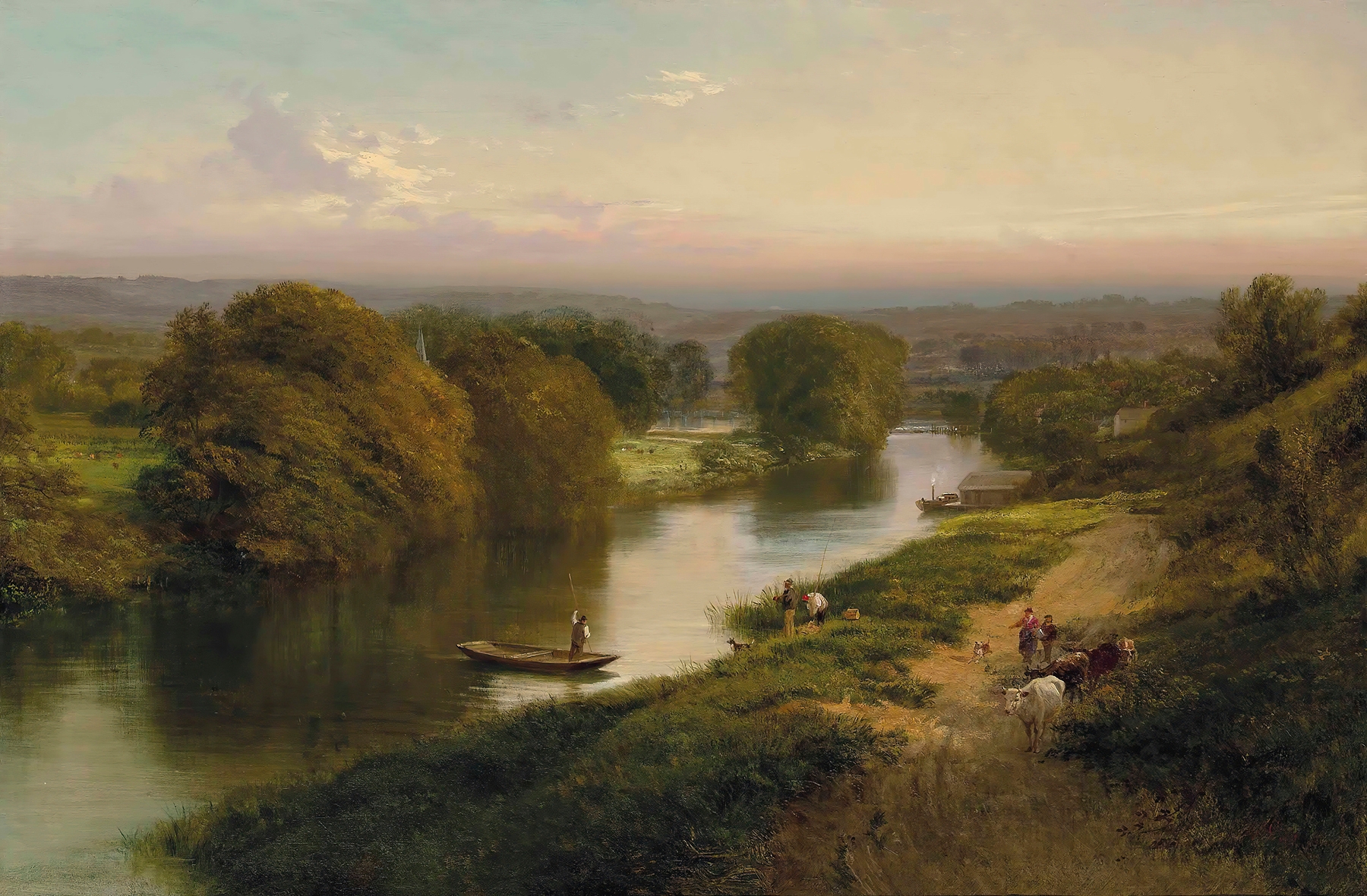 A peaceful river scene with greenery, oil on canvas by George Cole