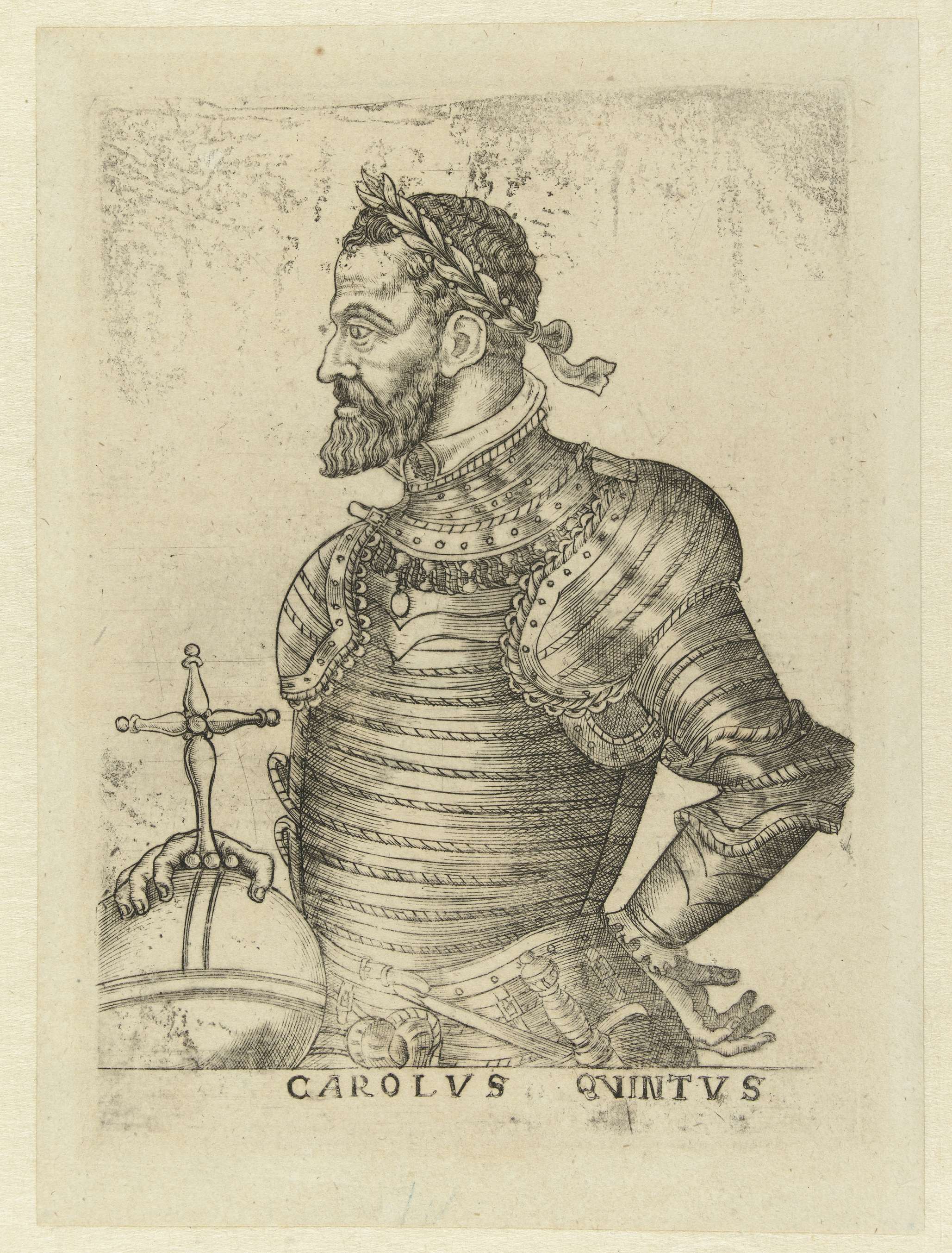 Etching by unknown artist of Karel V, emphasizing his stern expression and regal attire.