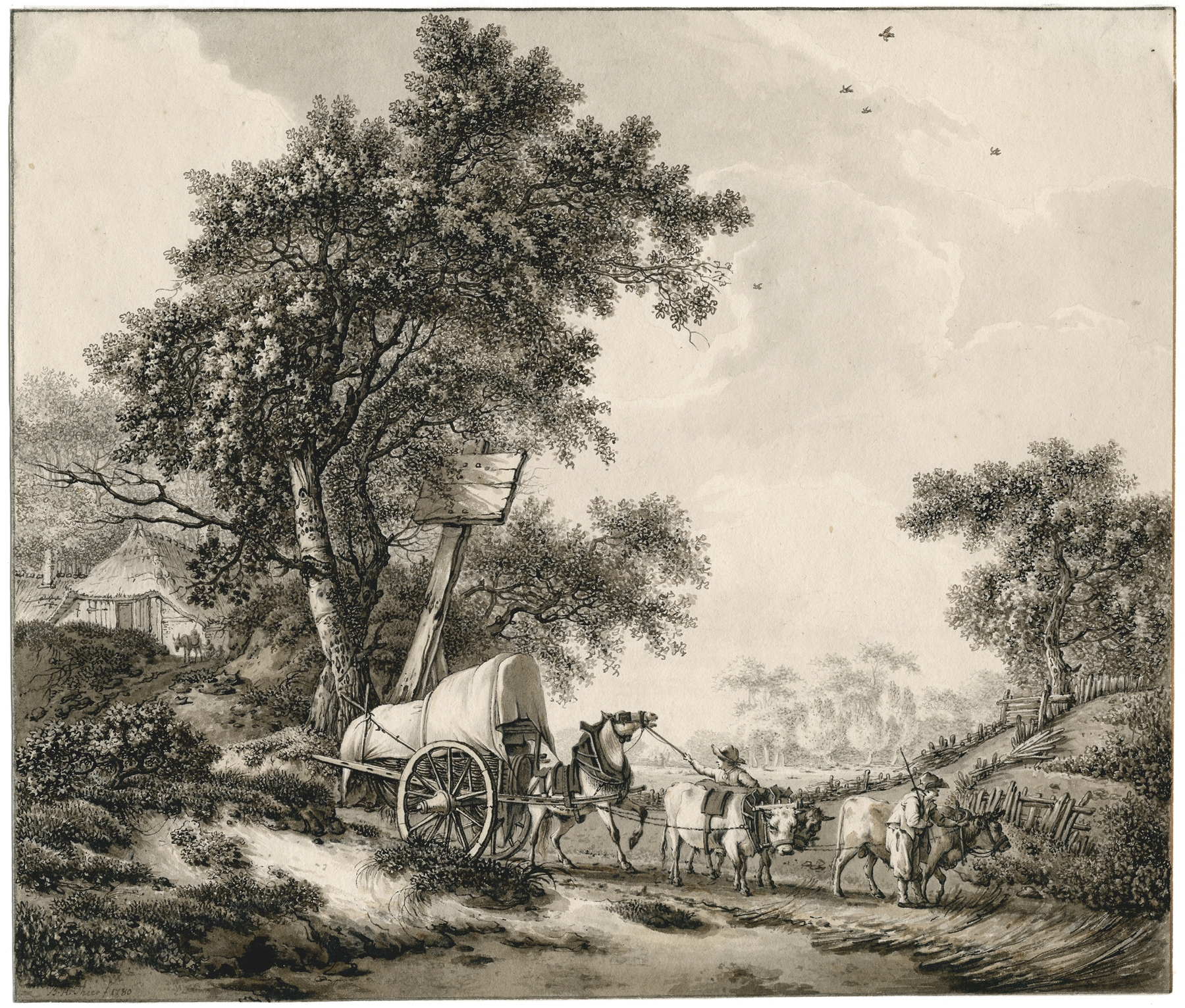 Landscape with covered waggon by Barend Hendrik Thier, oil painting depicting a serene landscape.