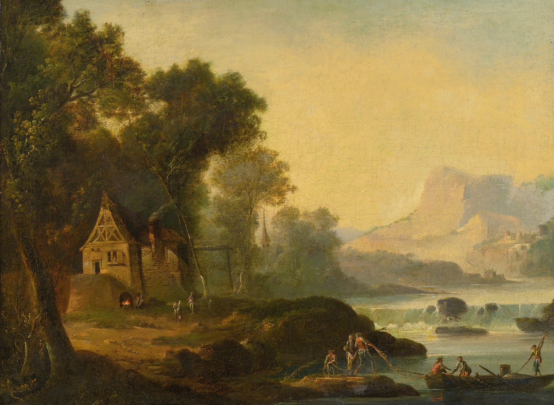 River landscape with figures, oil on canvas by Continental School