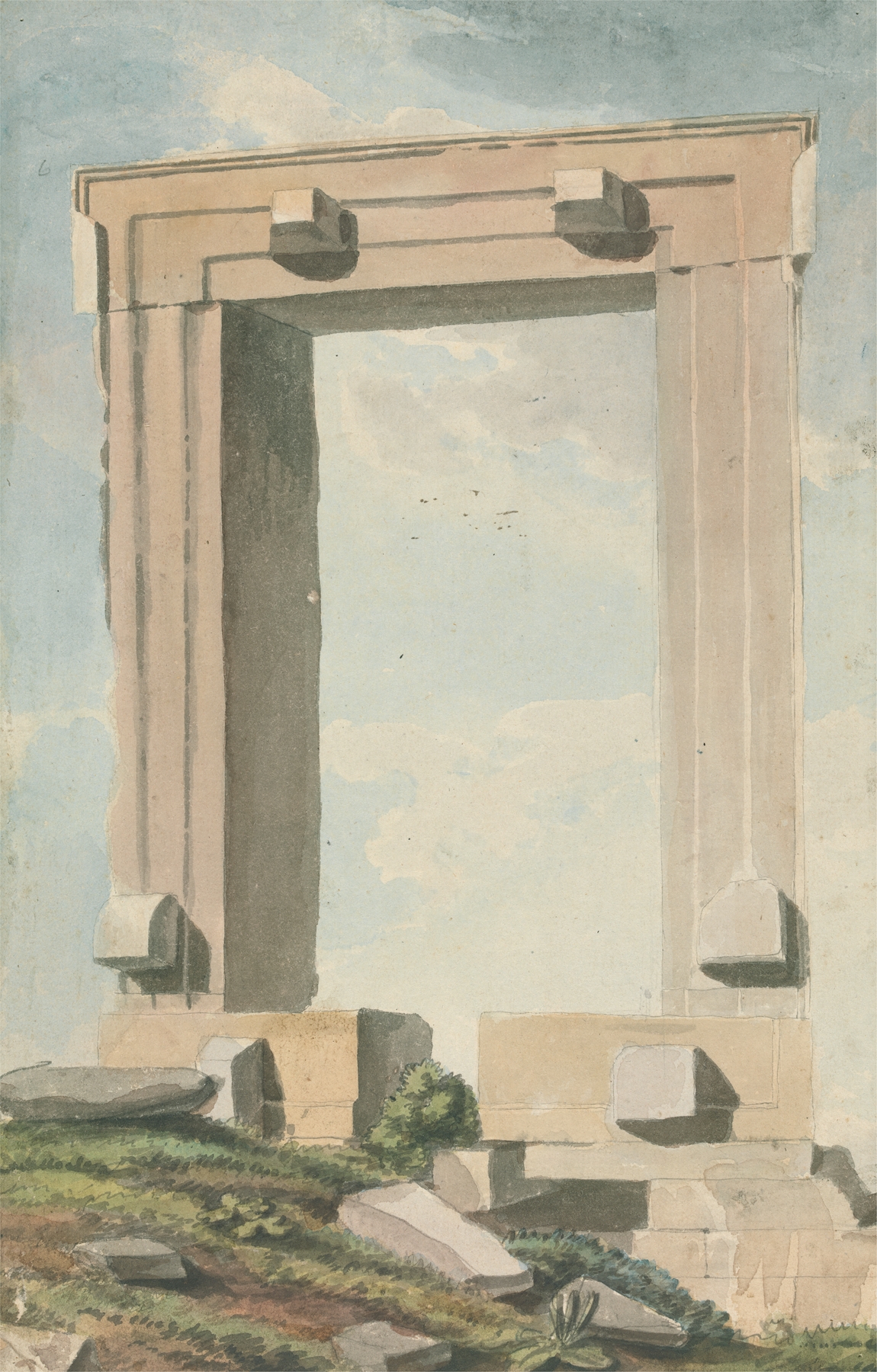 Ruined Flat Archway by Willey Reveley, depicting a crumbling archway in a muted setting, oil painting