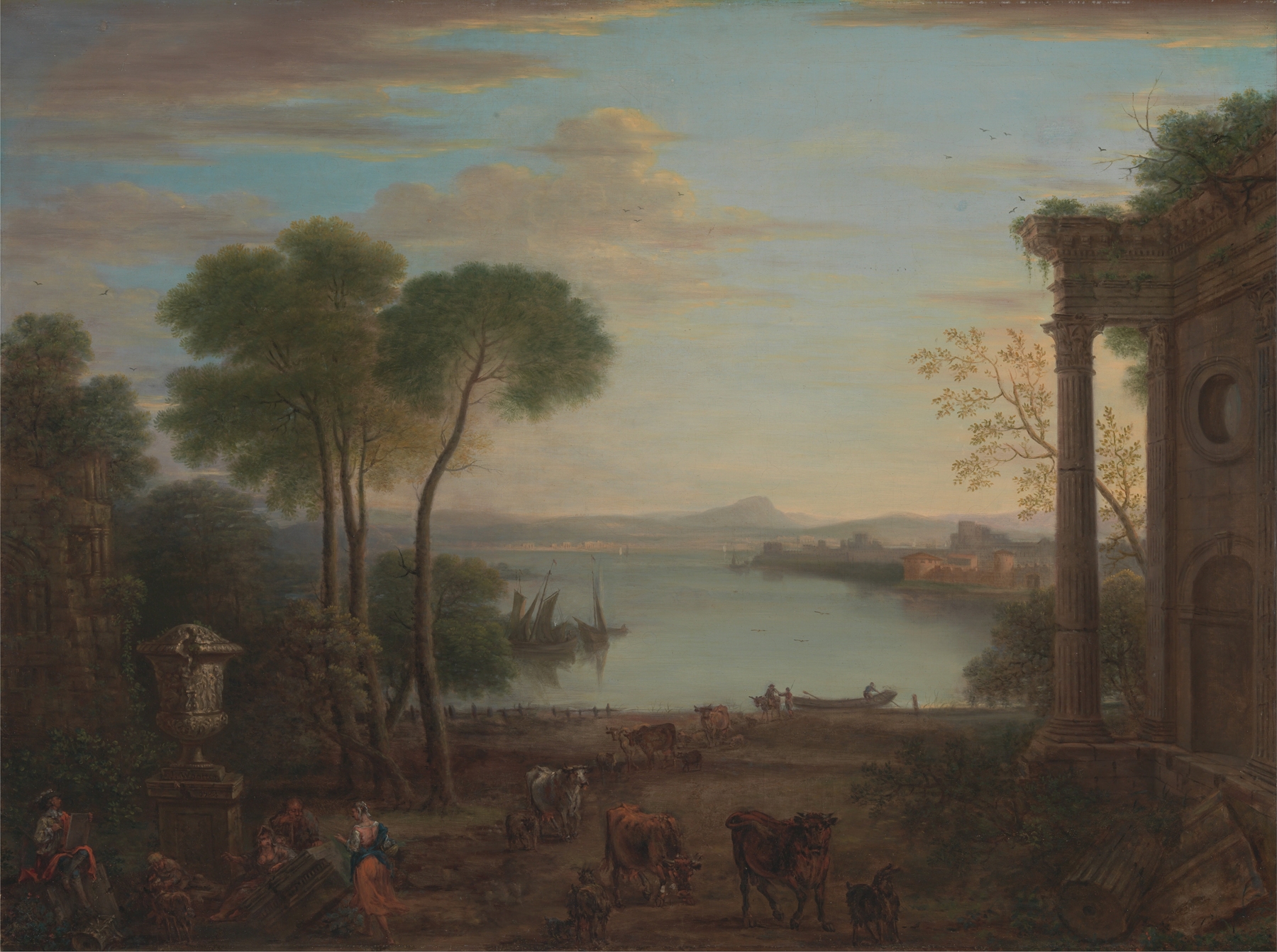 Classical Landscape by John Wootton, oil painting depicting a tranquil landscape with hills and a sunset sky.
