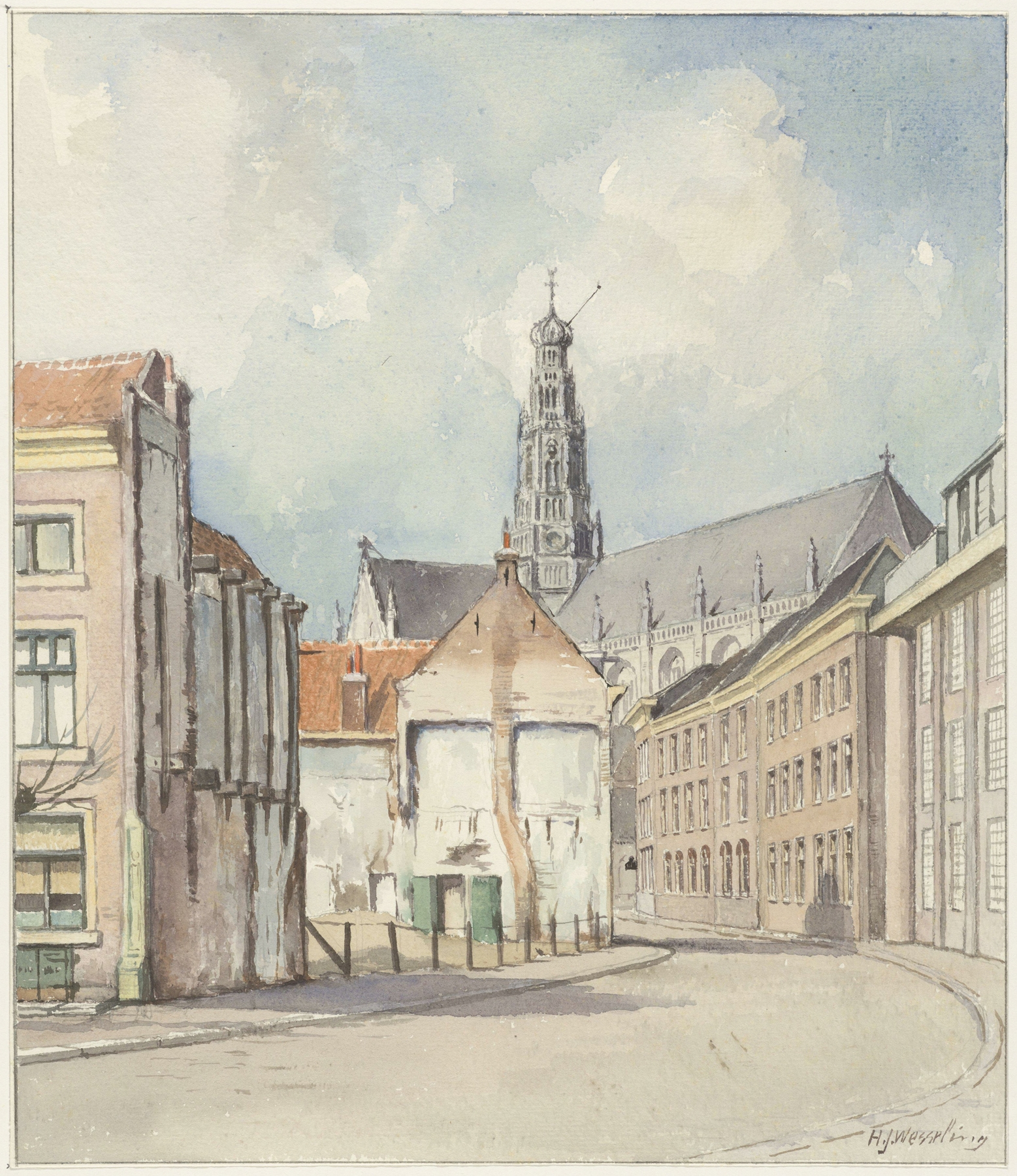 Oil painting by Hendrik Jan Wesseling depicting crumbling facades and a dark sky.