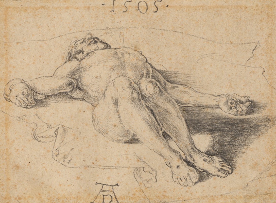 Albrecht Dürer's 'The Dead Christ' depicts the lifeless body of Christ in a somber setting.