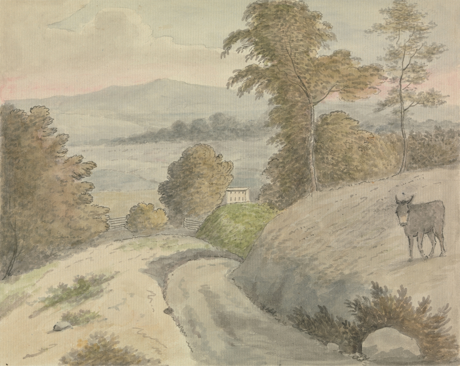 Landscape oil painting by Edward Francis Burney featuring lush greenery and gentle hills.