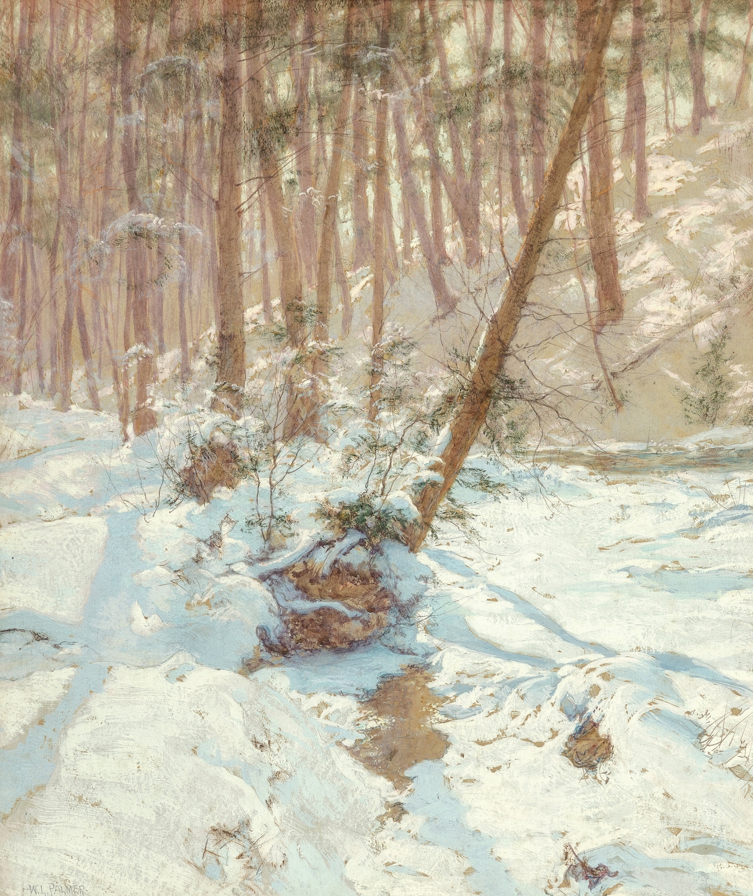 Winter Stream by Walter Launt Palmer, oil painting of a winter landscape with a flowing stream.