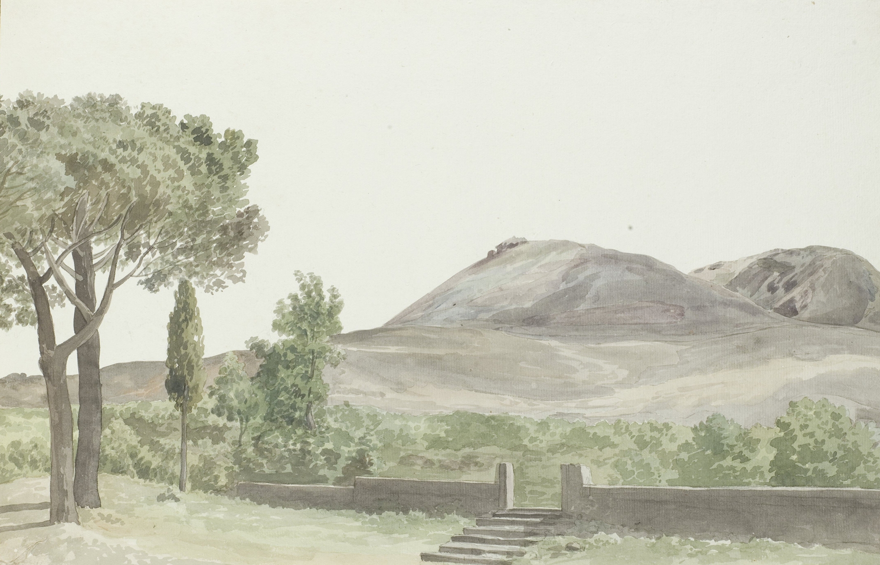 Watercolour on paper by Abraham-Louis-Rodolphe Ducros depicting Monto Rosso near Nicolosi.