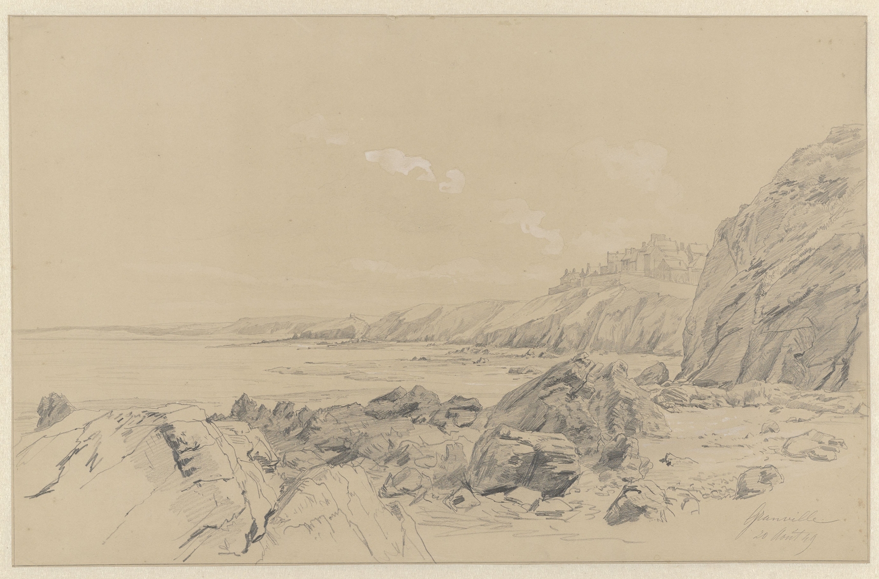 Marine scene depicting waves and sky in Kustlandschap te Granville by Pierre Louis Dubourcq, oil painting
