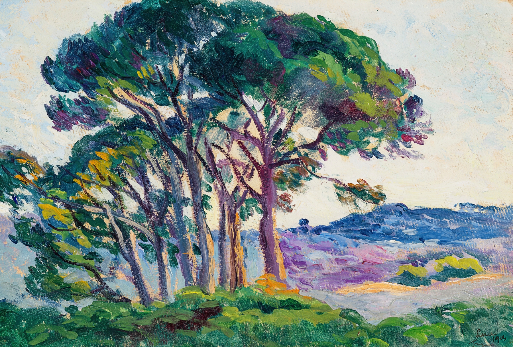 Landscape with pines and dappled light, oil on canvas by Maximilien Luce