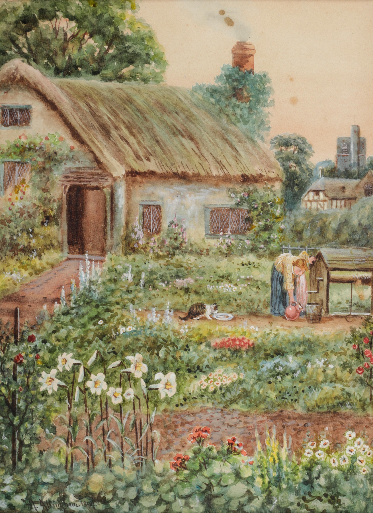 Watercolour by Helen Allingham depicting a woman tending flowers in a cottage garden.