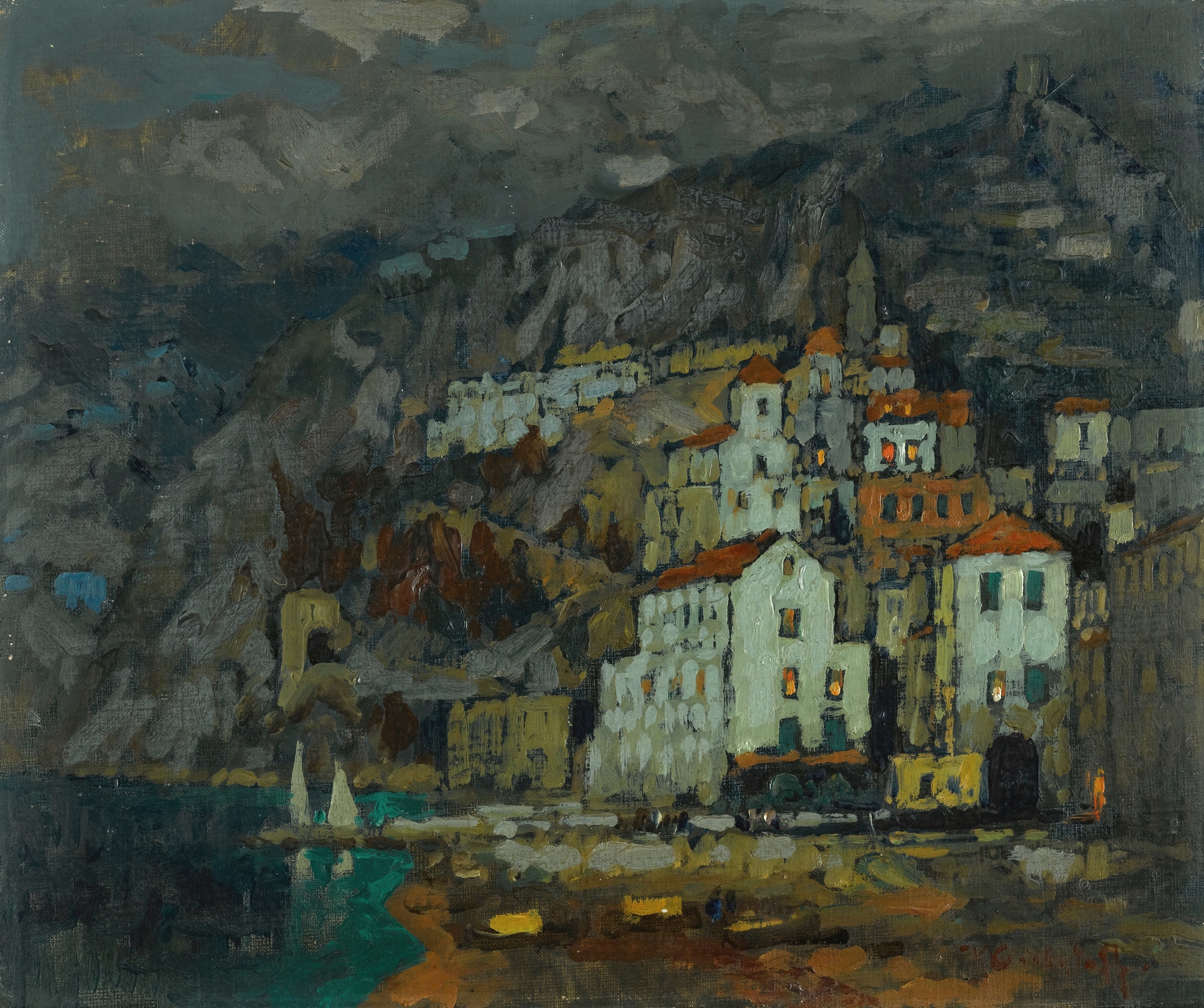 Coastal landscape with cliffs and turquoise waters by Konstantin Ivanovich Gorbatov, oil painting
