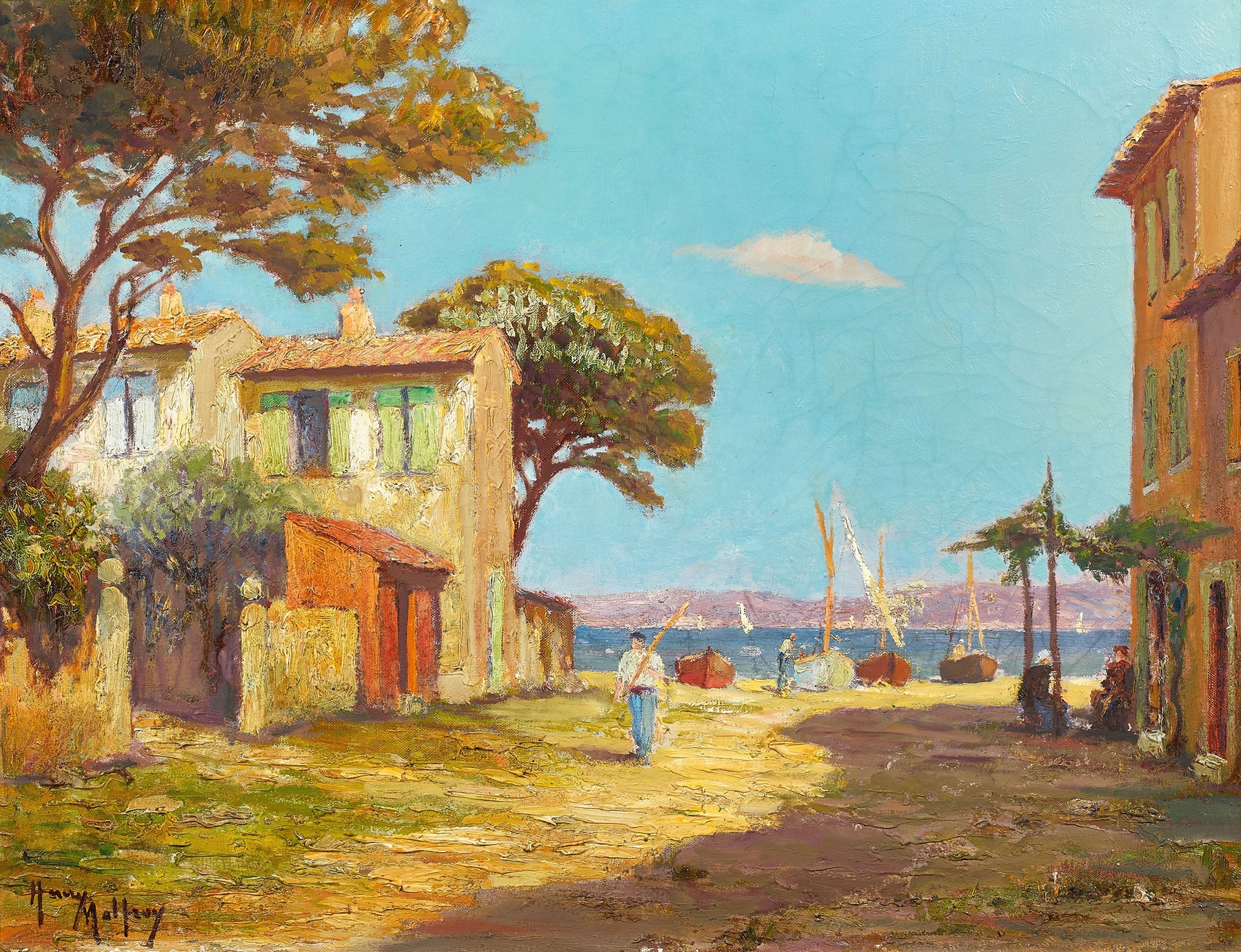 Marine scene by Henry Malfroy, oil on canvas, featuring a tranquil shoreline and horizon.