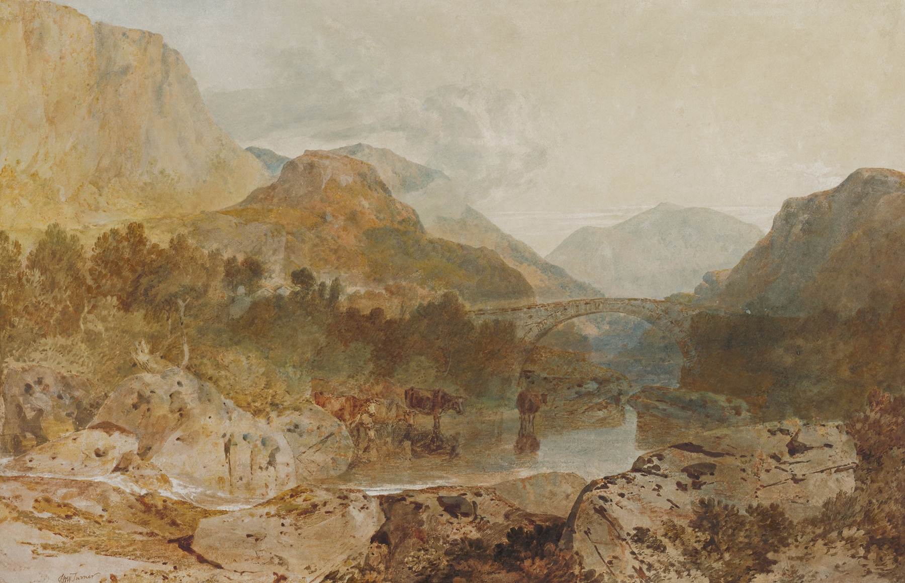 Borrowdale landscape with Longthwaite Bridge and Castle Crag by Joseph Mallord William Turner, oil painting