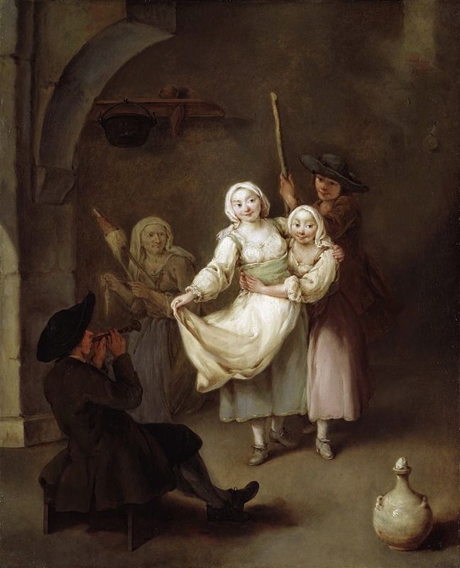 The Dance by Pietro Longhi, oil on canvas, featuring elegantly dressed dancers in a pastel setting.
