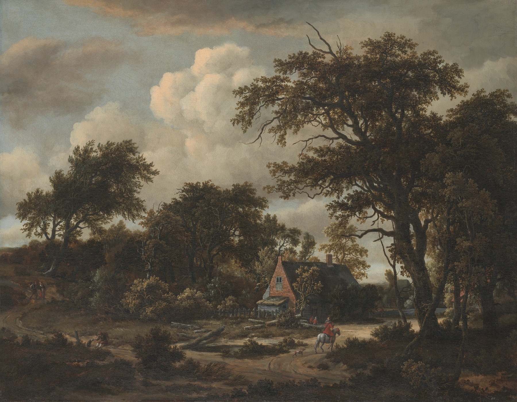 Wooded Landscape with Cottage and Horseman, by Meindert Hobbema, public domain