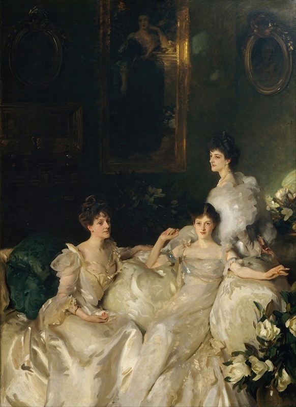 This painting features three women in elegant attire, showcasing their individuality and connection.