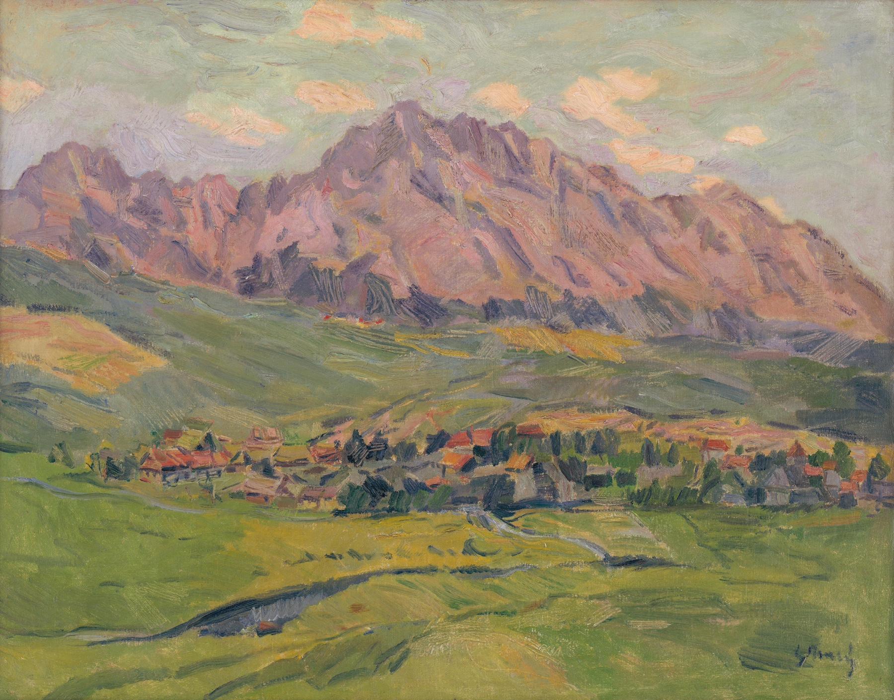 The Sub-Tatran Village by Gustáv Mallý, oil on canvas depicting a sunset over a village.
