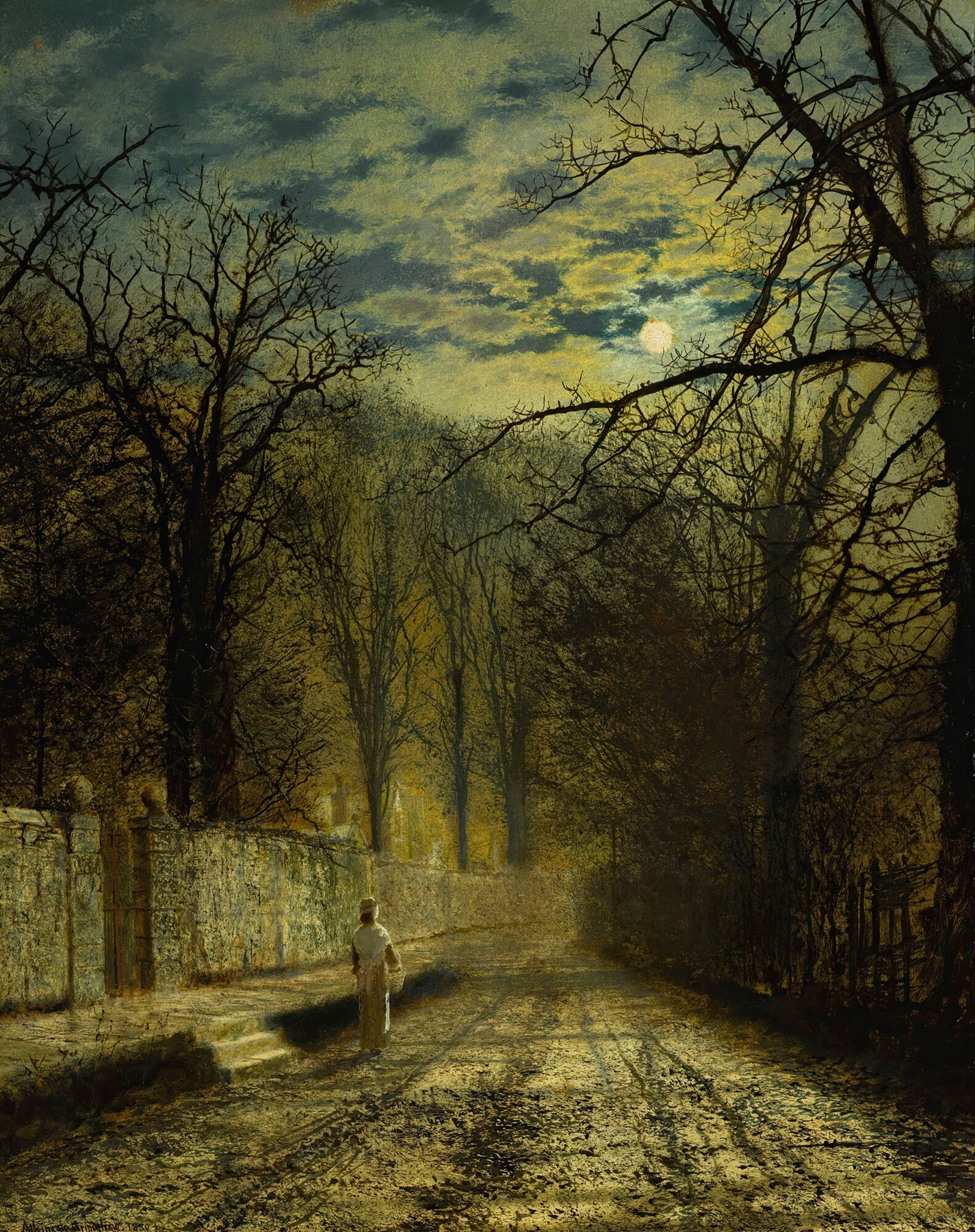 Moonlit street scene with cobblestones, oil on canvas by John Atkinson Grimshaw