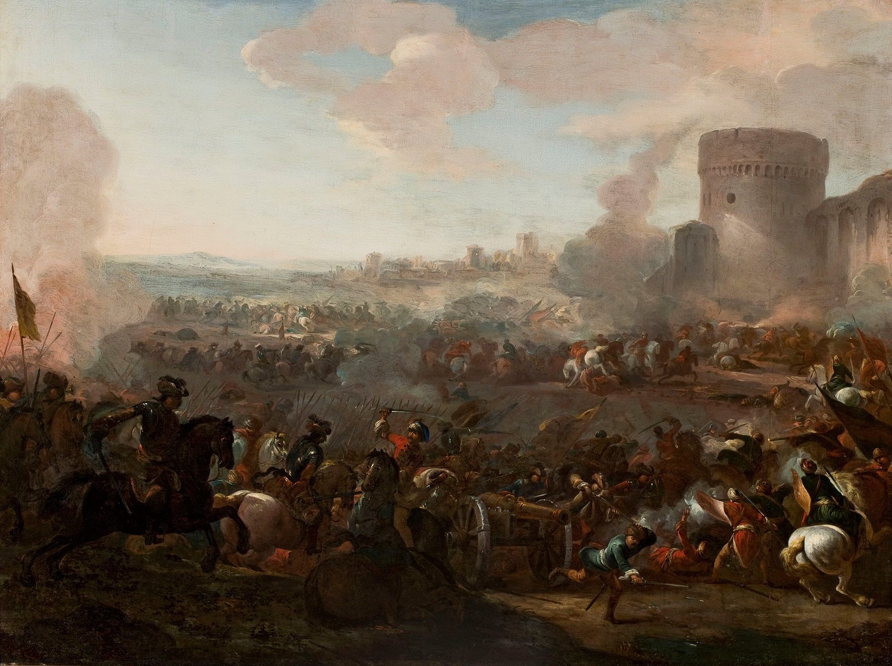 Historical scene of warriors clashing on a battlefield, oil painting by Jan Peter van Bredael II
