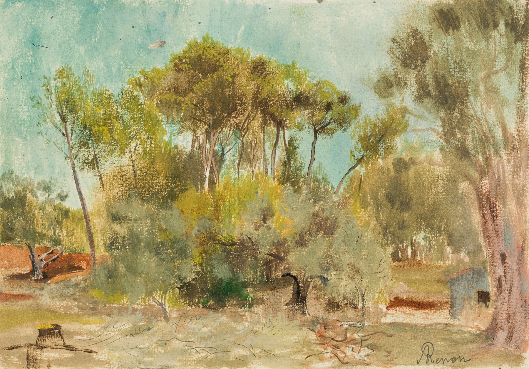 Landscape featuring pine trees against a golden sky, oil painting by Cornelis Ary Renan