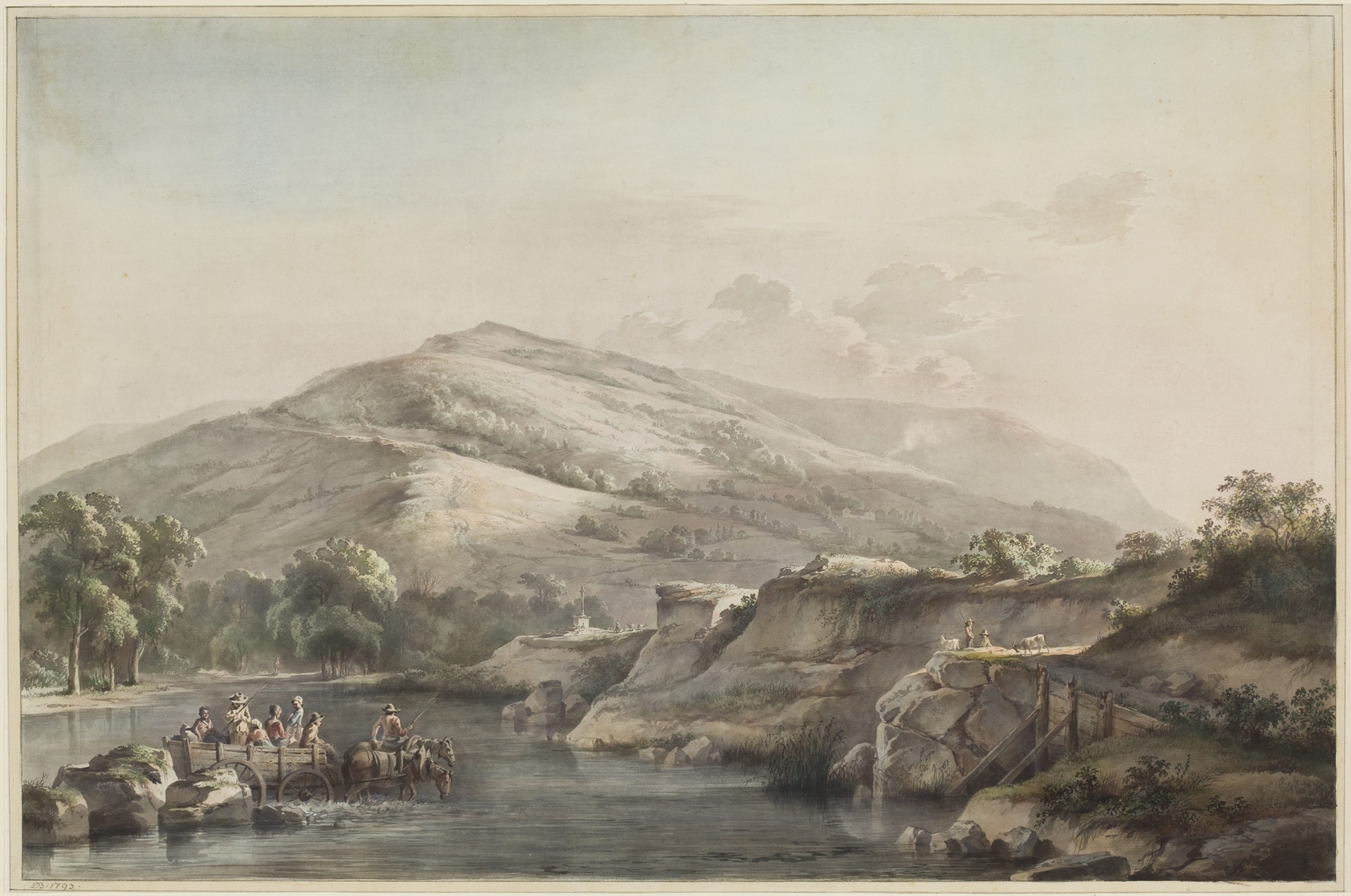 A genre scene of peasants crossing a ford with a horse-drawn cart, by Jean-Jacques de Boissieu.