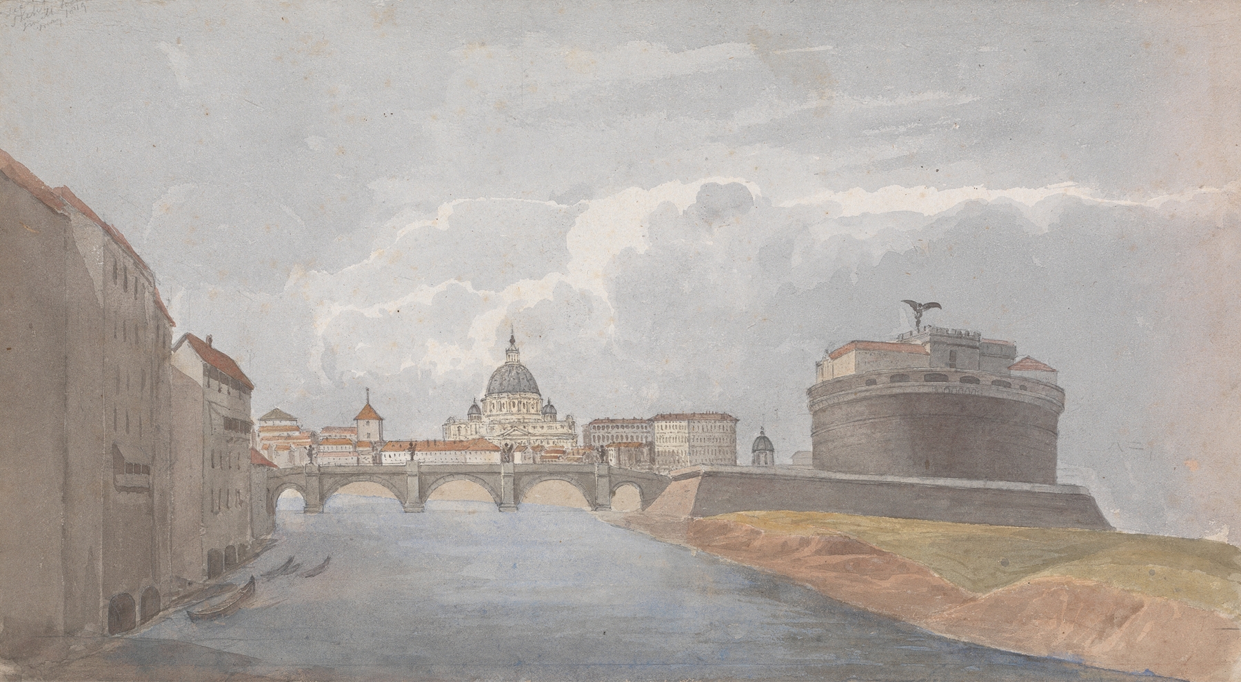 Landscape of the Tiber River with Castle of St. Angelo by Isaac Weld, 1818, oil painting