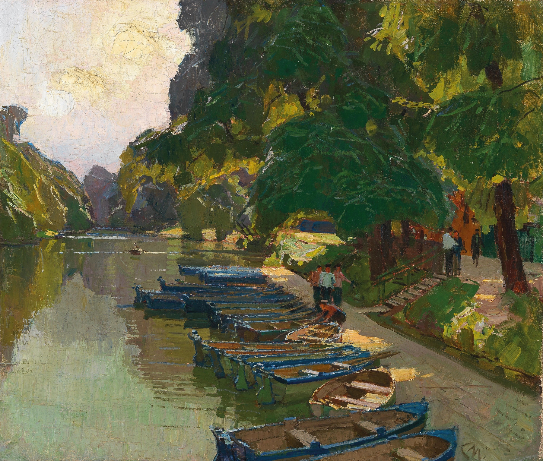 Landing stage at Heustadlwasser by Carl Moll, oil on canvas depicting tranquil waters and reflections