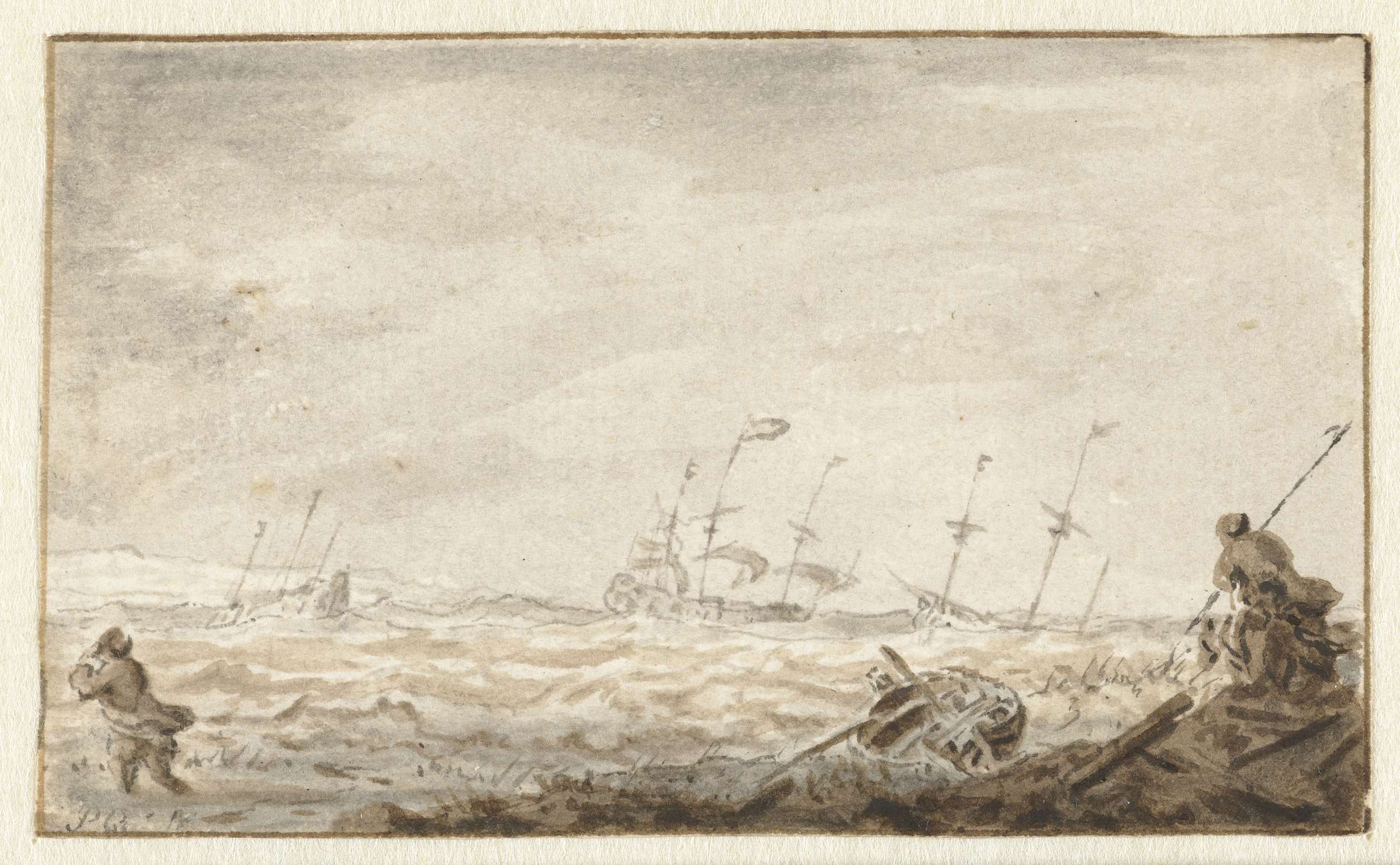 Zeilschepen op ruwe zee, oil on canvas by Pieter Coopse depicting ships in a stormy sea.