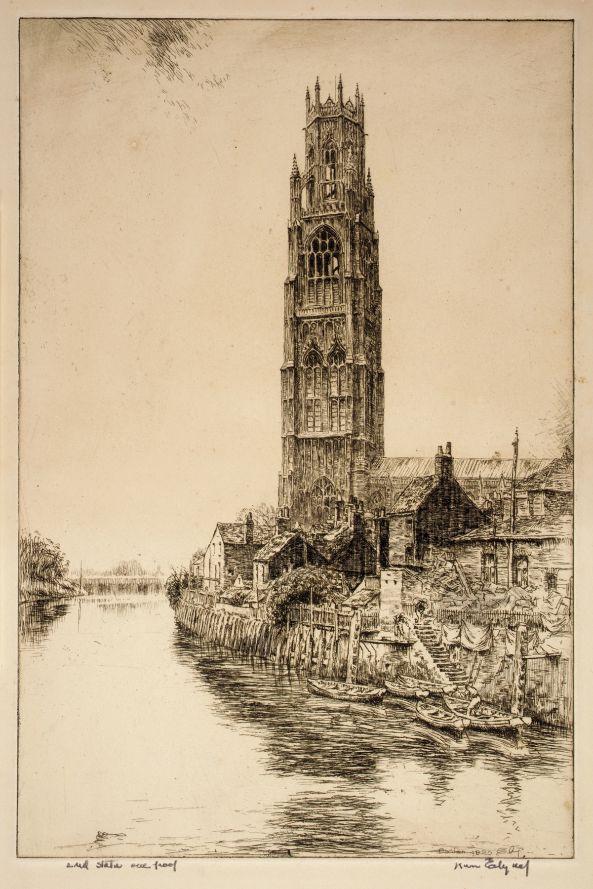 Engraving by Kerr Eby depicting Boston Stump with a solitary tower against a muted sky.