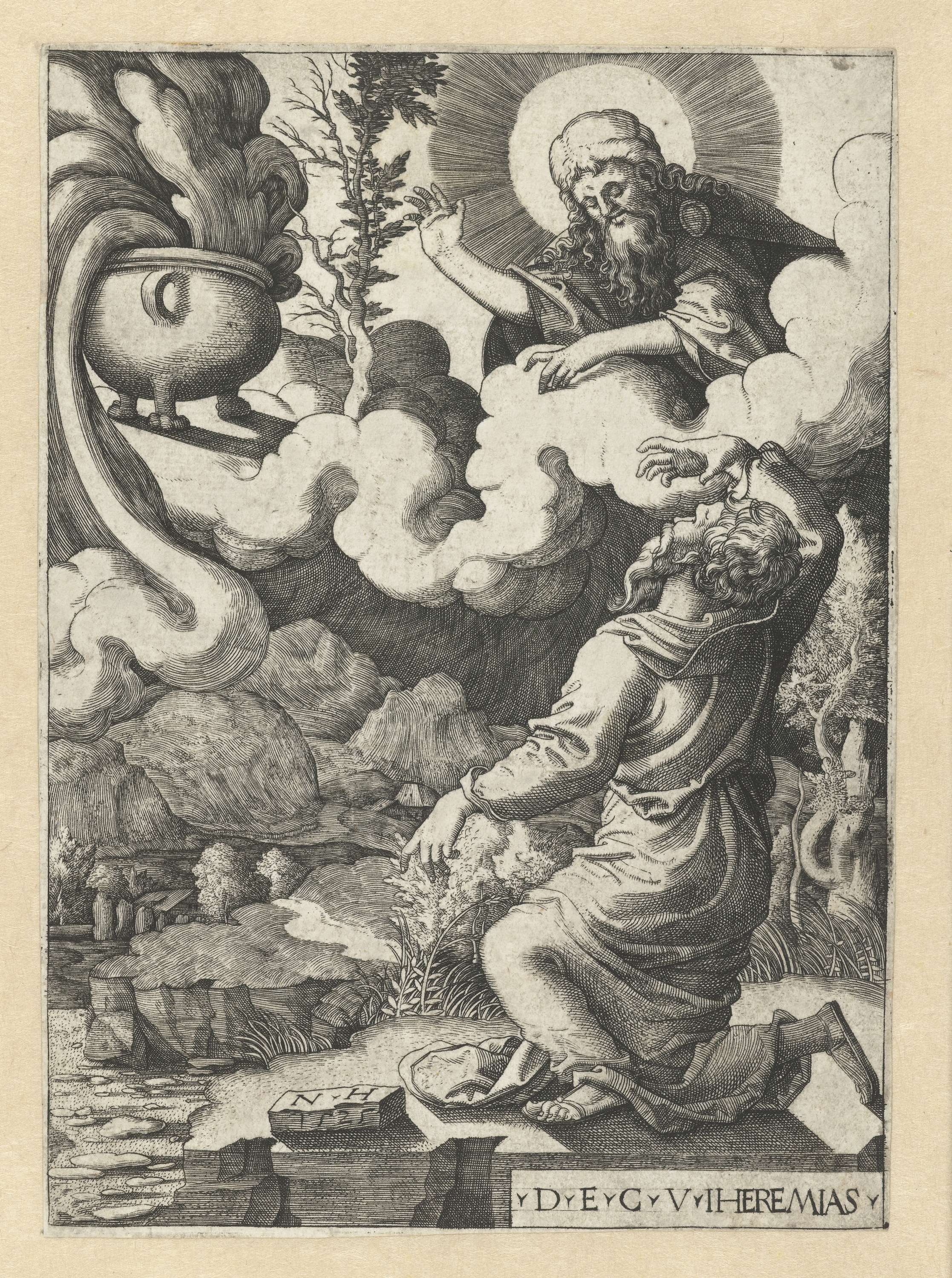 Engraving by Nicolaas Hogenberg depicting Jeremiah kneeling in prayer on a stone floor.