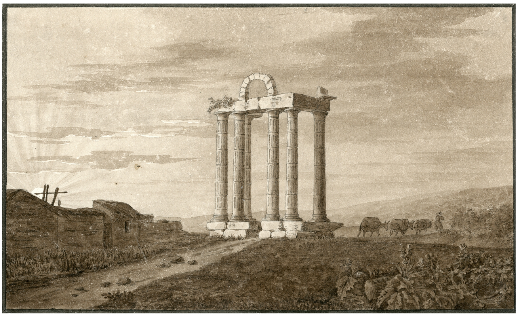 Landscape oil painting by Otto Howen depicting ancient ruins under a vast sky