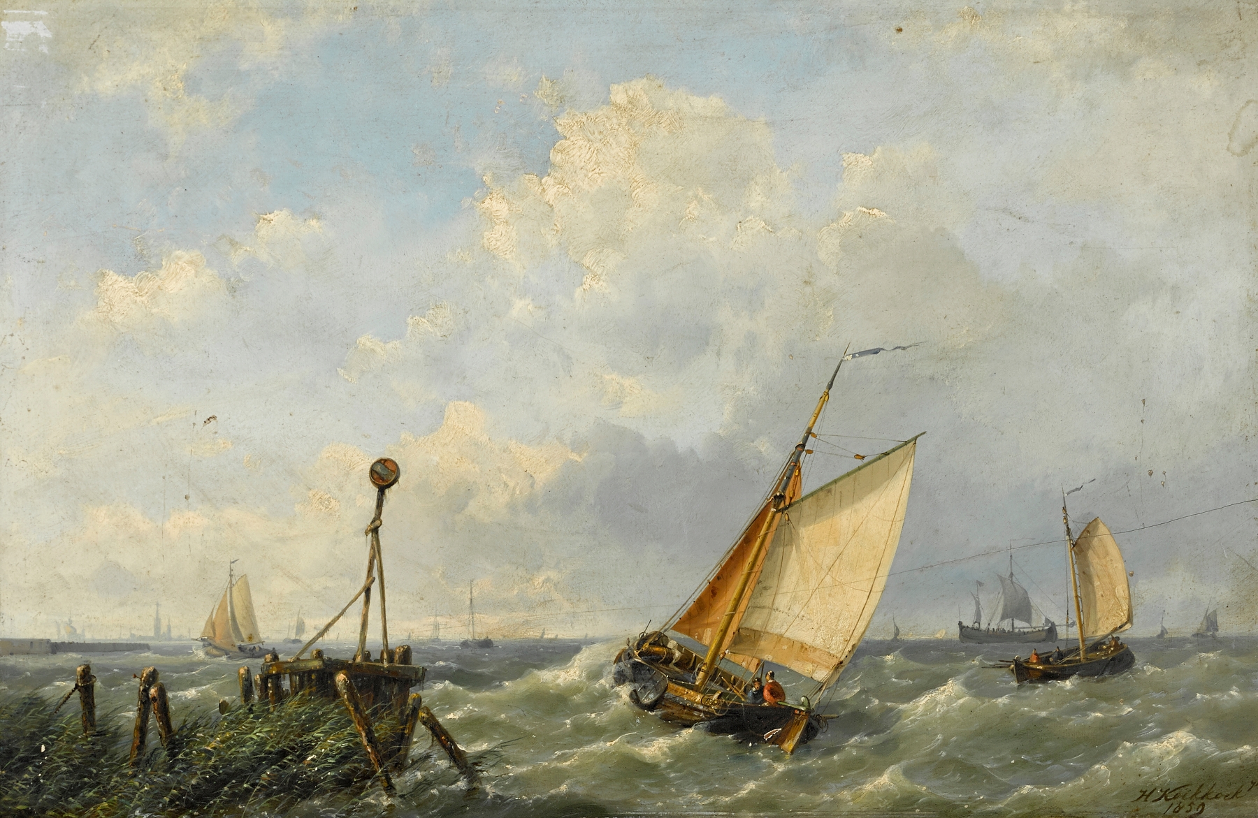 Fishing boats in a stiff breeze offshore, oil on canvas by Hermanus Koekkoek the Younger