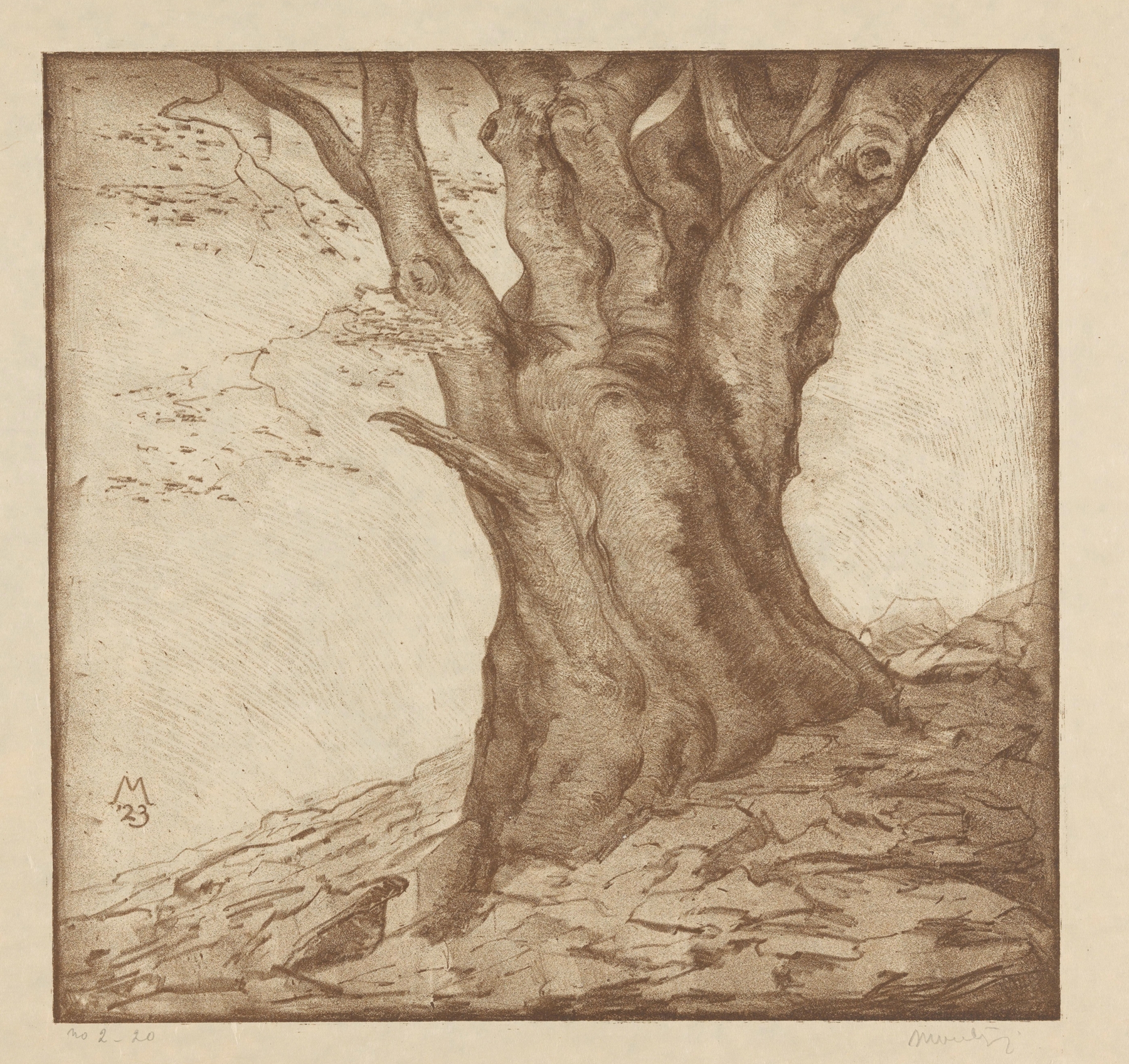 Interior scene featuring a beech trunk, oil on canvas by Simon Moulijn