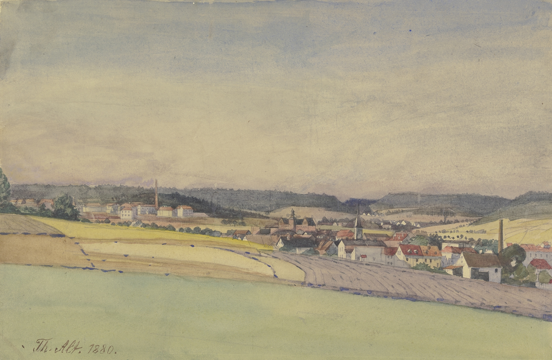 Landscape depicting a village surrounded by fields and forest, oil painting by Theodor Alt
