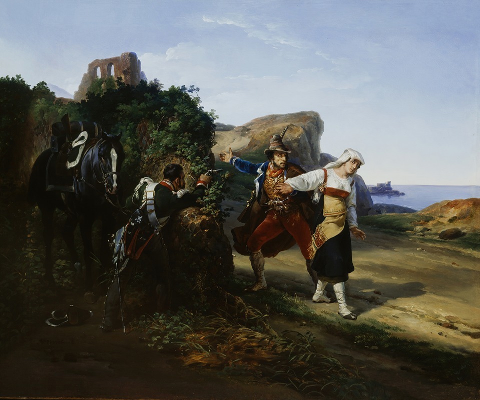 The Brigand Betrayed by Horace Vernet depicts a dramatic scene of betrayal.