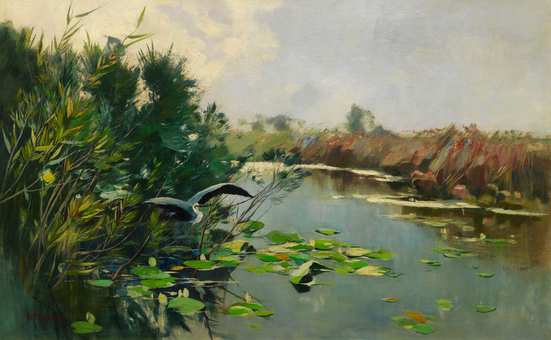 Auffliegender Graureiher am Havelufer, oil on canvas by Karl Hagemeister