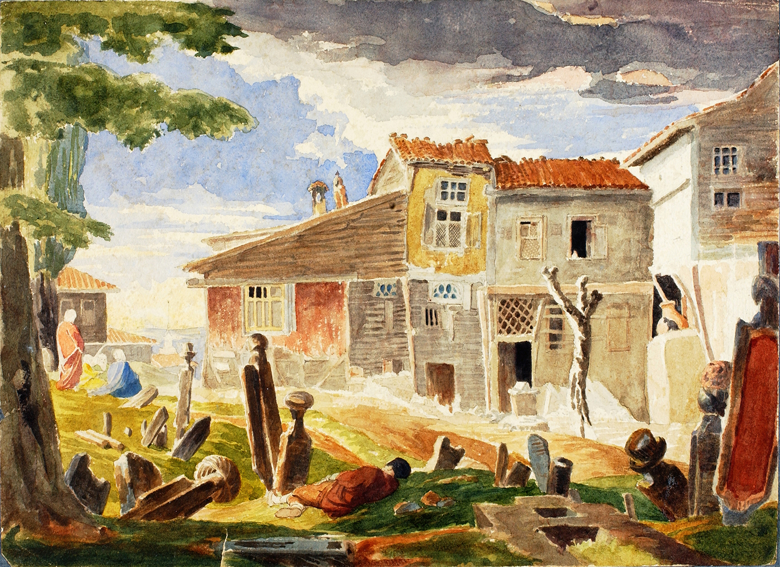 Cemetery in Pera by Miner Kilbourne Kellogg, oil on canvas depicting a tombstone and ivy.