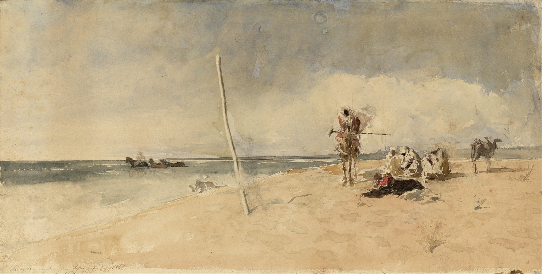 African Beach oil painting by Mariano Fortuny Marsal depicting a serene beach scene with sunlight and palm trees.