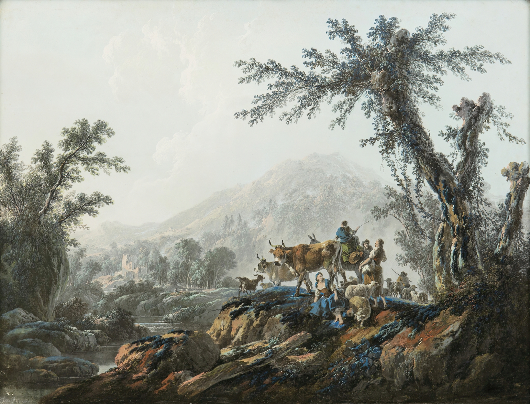 Pastoral Landscape by Jean-Baptiste Pillement, oil on canvas, depicting rolling hills and sunlight.