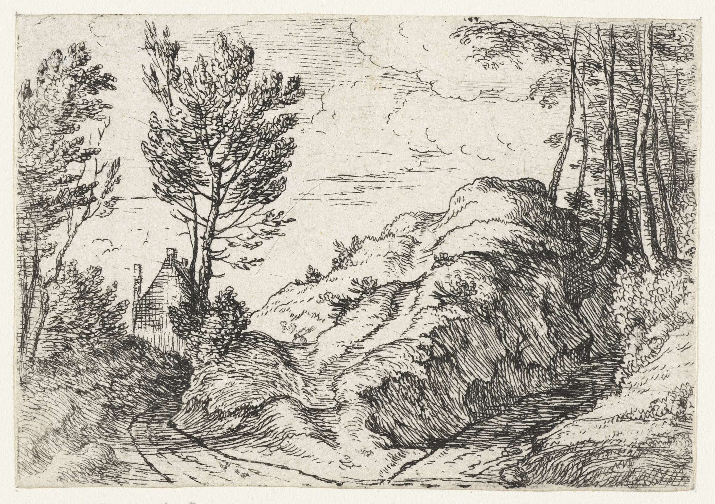 Landscape etching by Lodewijk de Vadder featuring foliage and a waterway