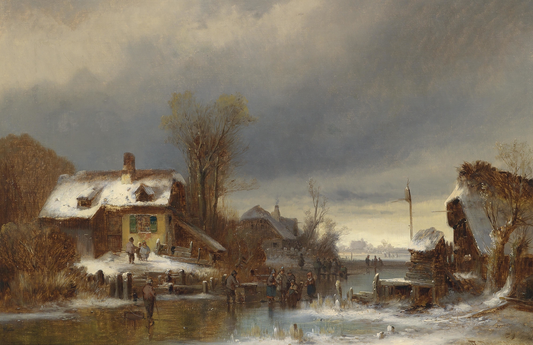 Wintervergnügen by Anton Doll, figures skating on ice, oil painting