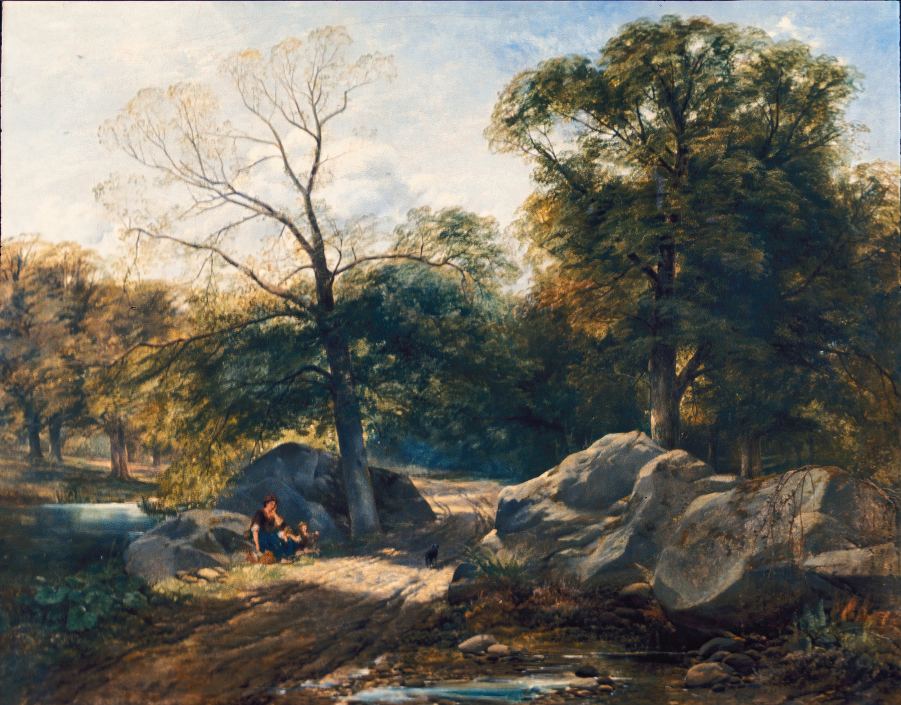 Rest by the Way, oil on canvas by Thomas Creswick, depicting a figure seated in a tranquil forest.