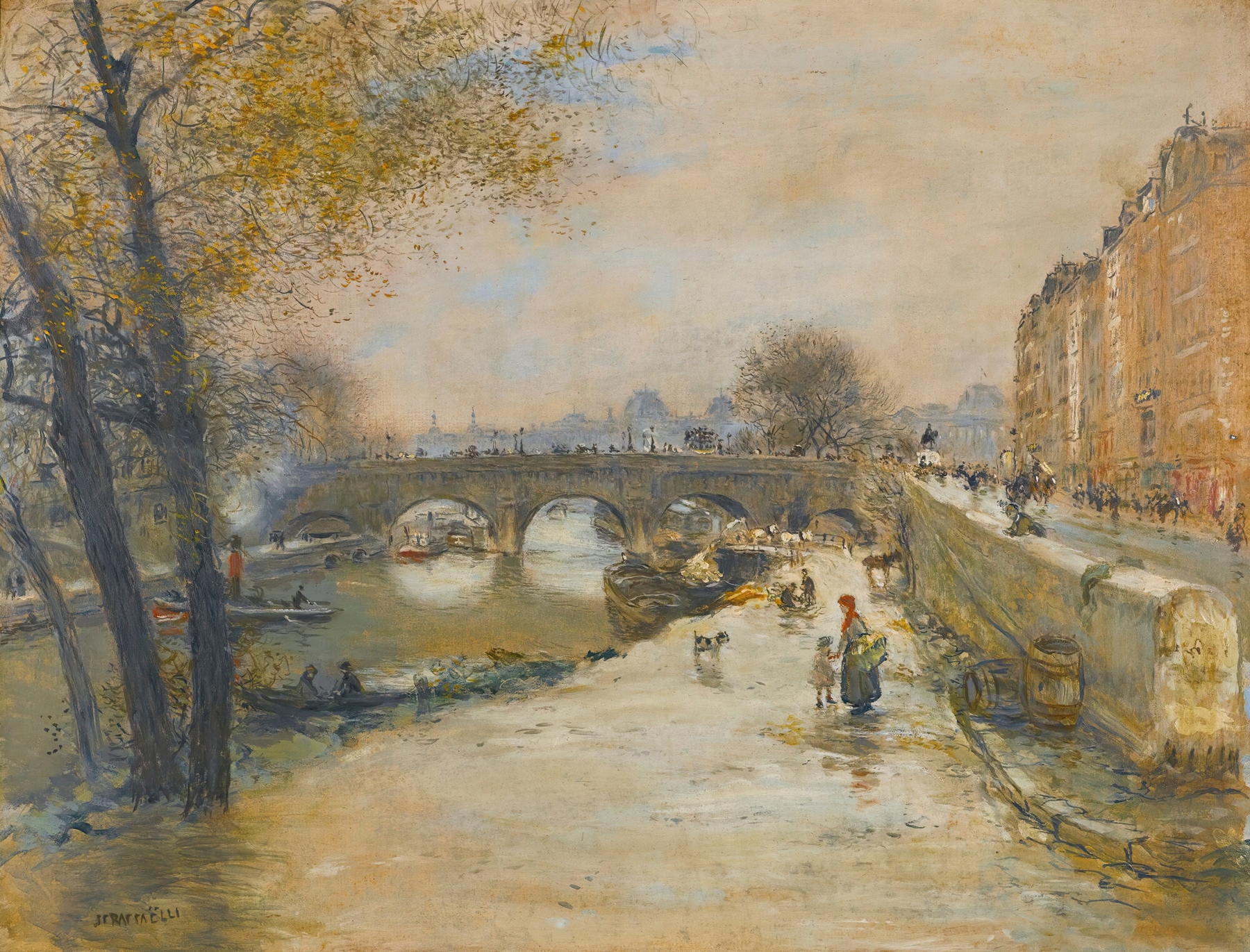 Le Quai Devant Le Pont Neuf by Jean François Raffaëlli, oil painting, depicts sunlight on cobblestones.